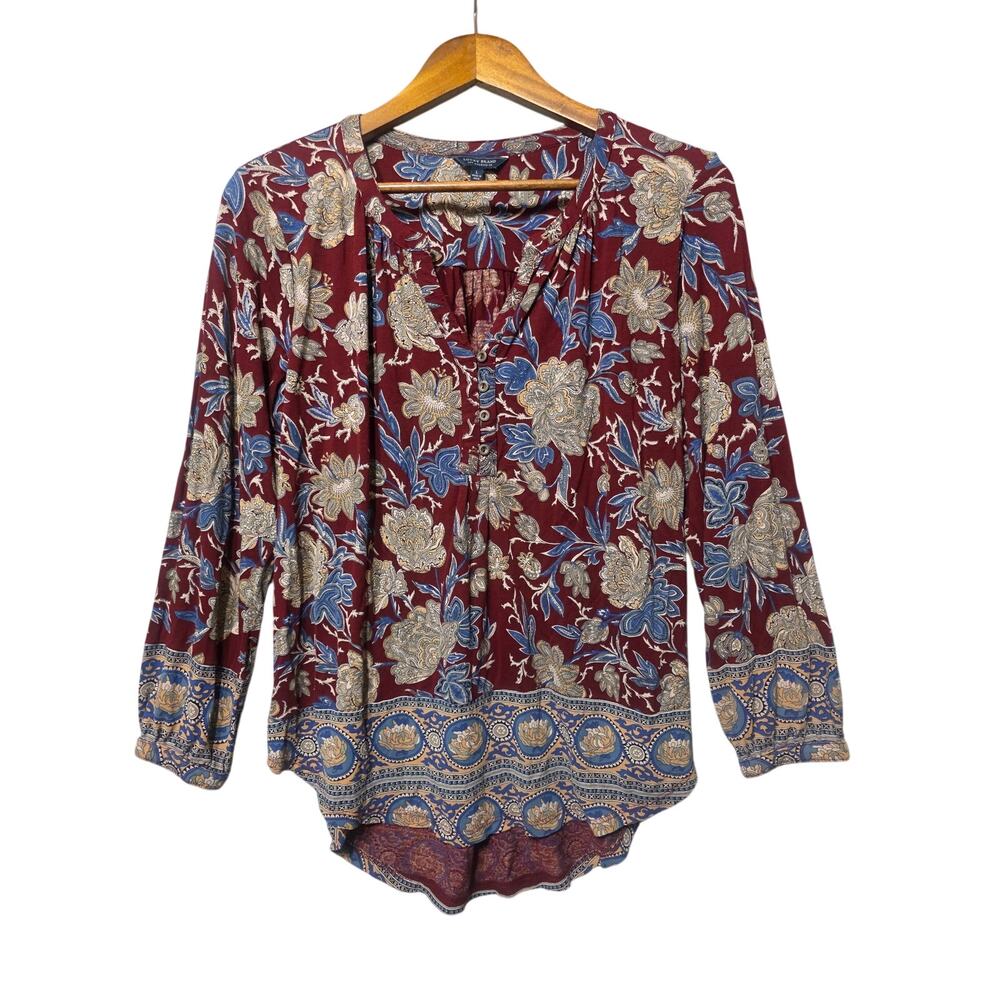 Lucky Brand Boho Burgundy Floral Henley Top Womens LG Long Sleeve Peasant Blouse